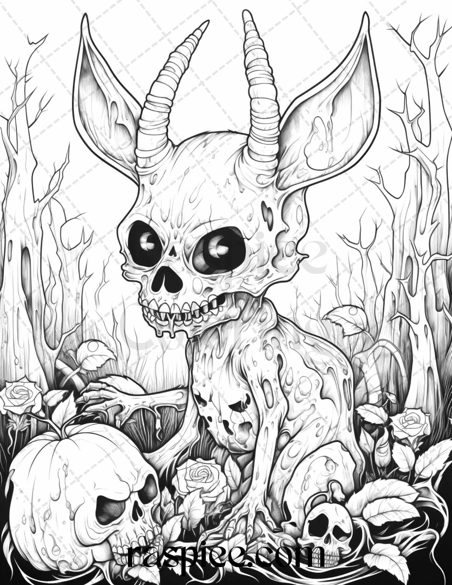 50 Halloween Scary Animals Grayscale Coloring Pages Printable for Adults, PDF File Instant Download