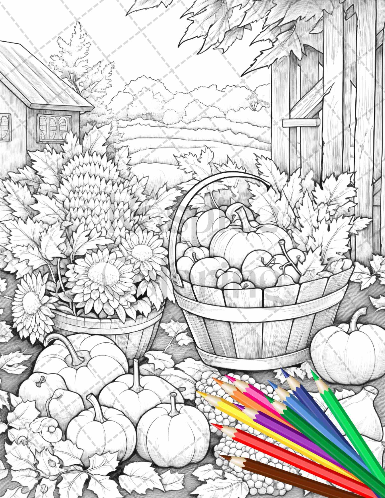 Autumn Harvest Grayscale Coloring Pages Printable for Adults, Relaxing Fall Themed Art, PDF File Instant Download