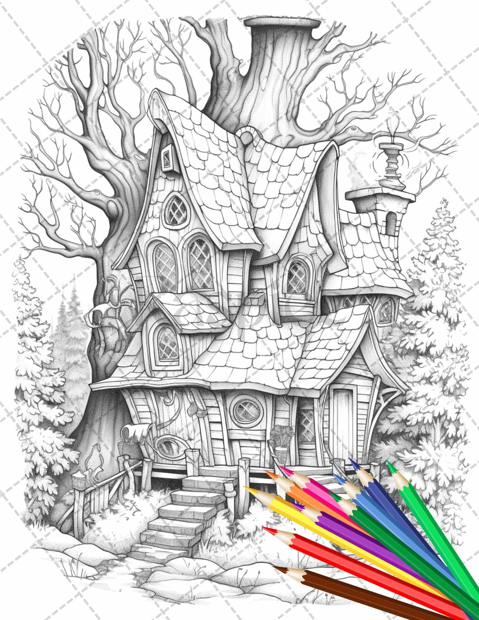 63 Winter Fairy Houses Grayscale Coloring Pages Printable for Adults, PDF File Instant Download