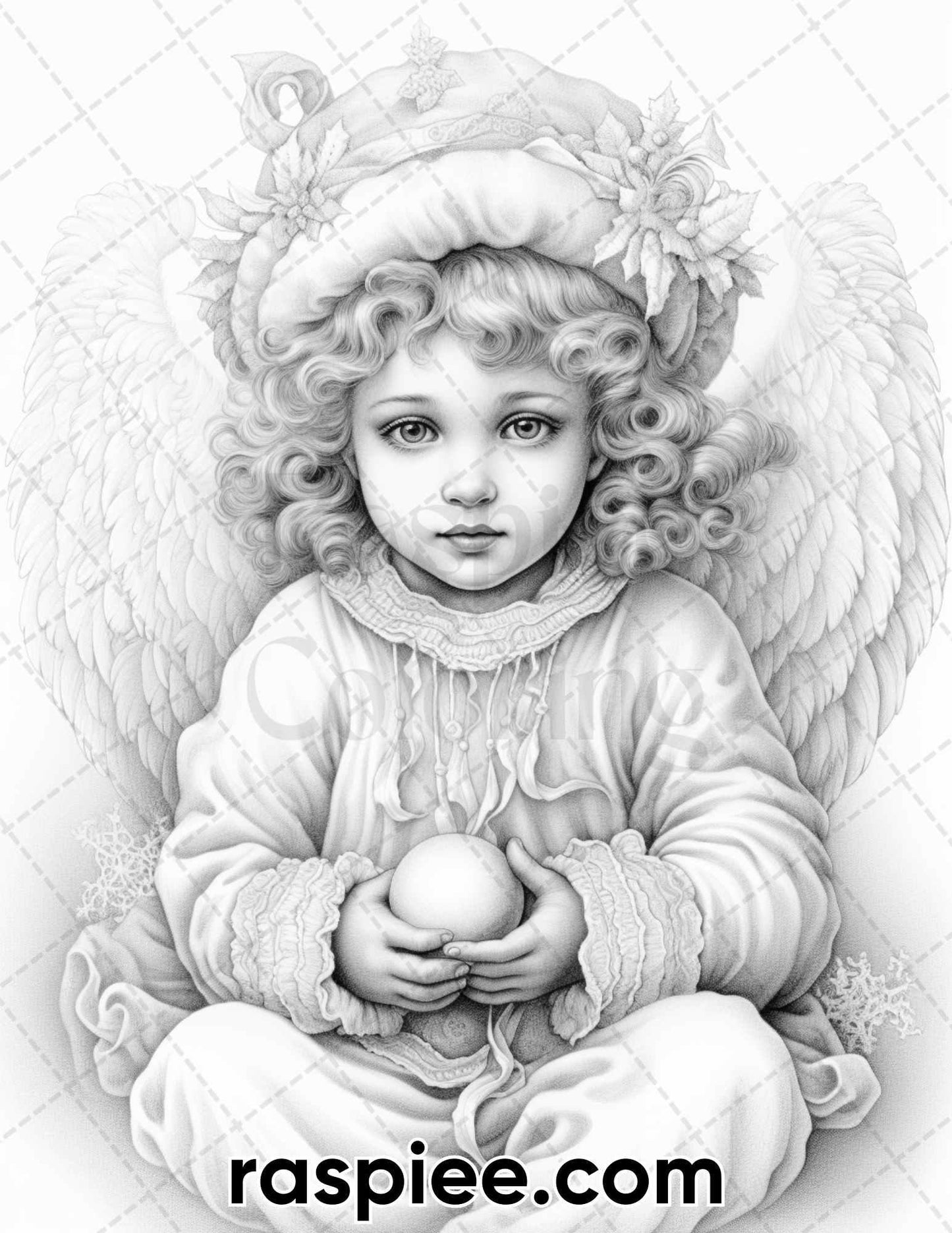 55 Christmas Angel Grayscale Coloring Pages for Adults, Printable PDF Instant Download
