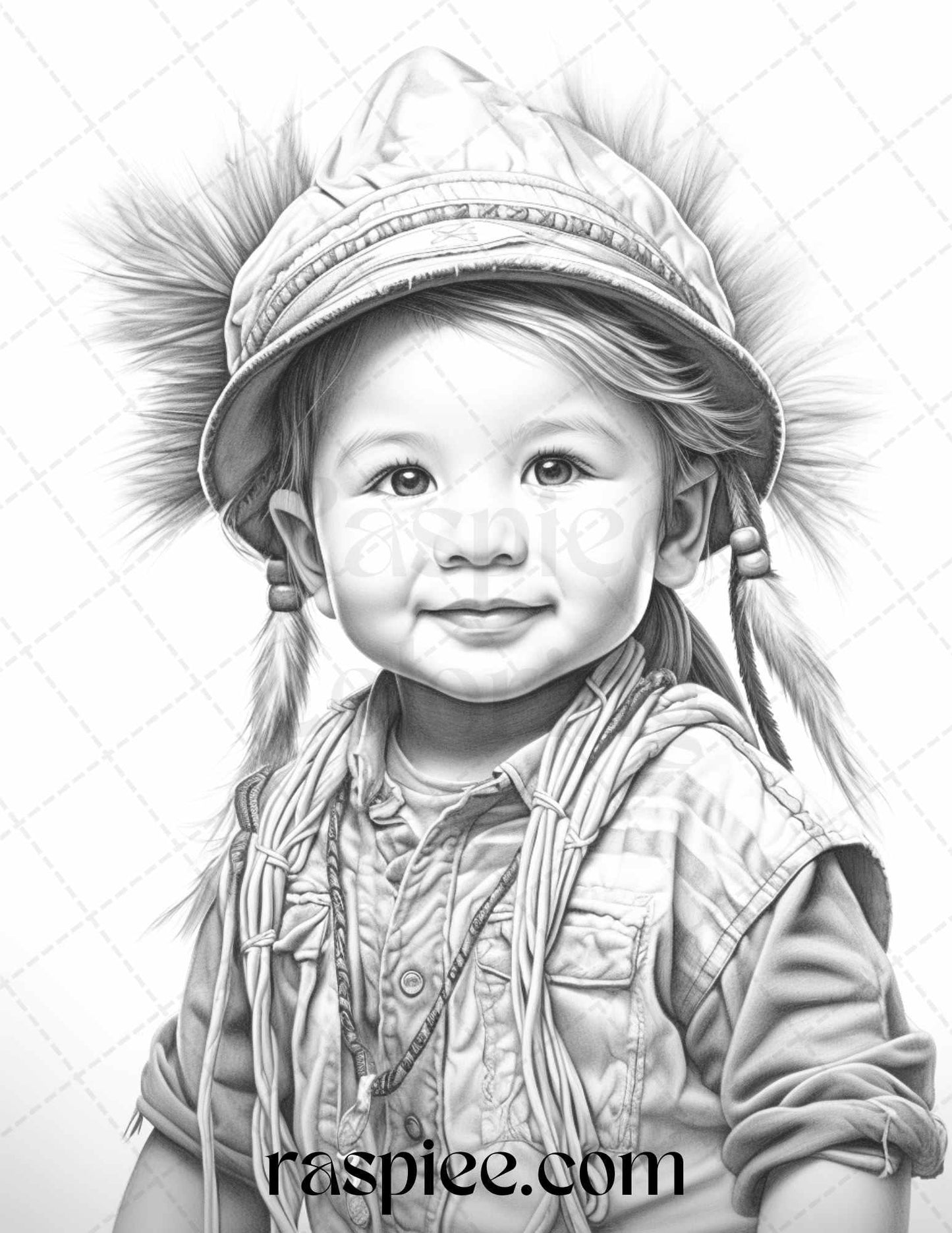 50 Native American Little Girls Boys Grayscale Coloring Pages Printable for Adults Kids, PDF File Instant Download