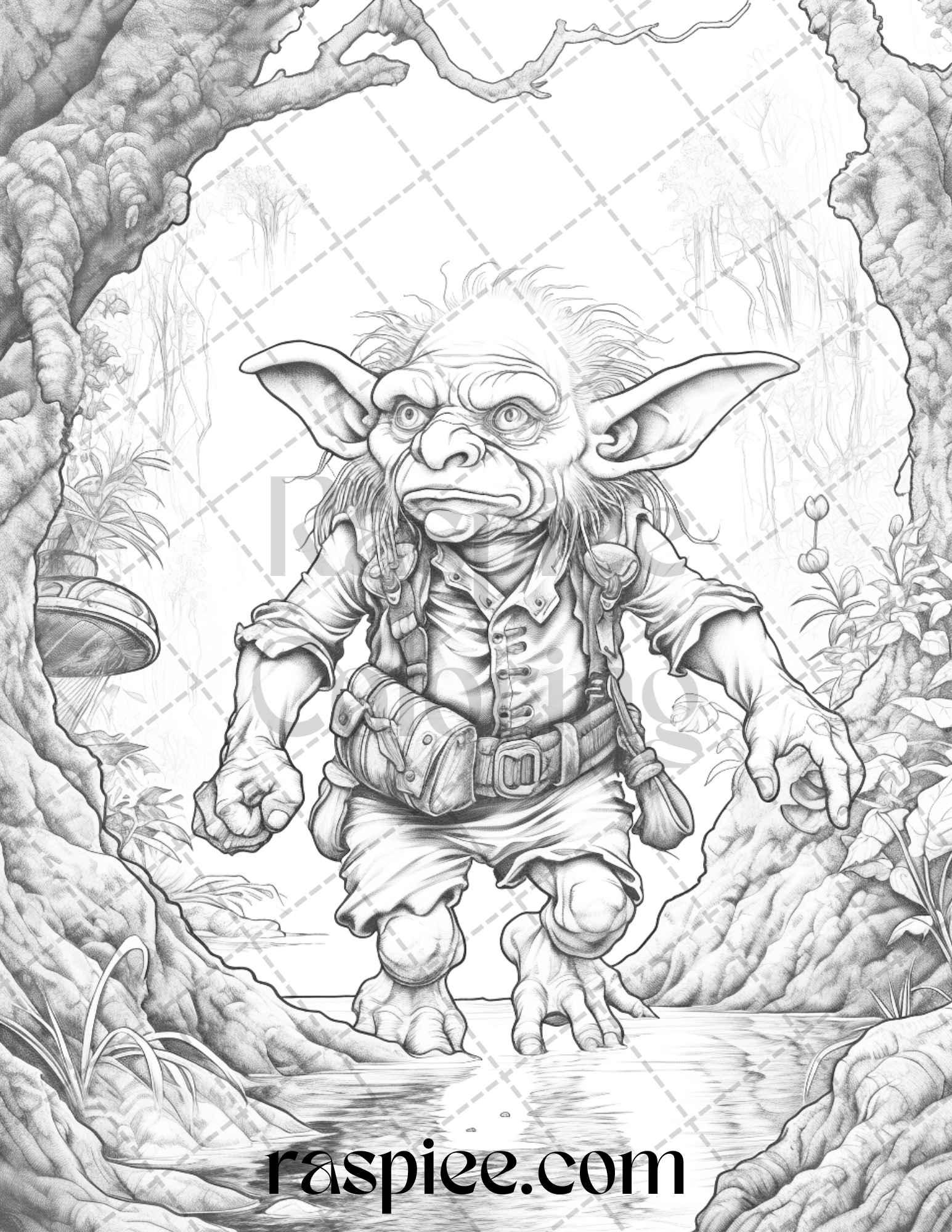 Fantasy Goblins Grayscale Coloring Pages Printable for Adults, PDF File Instant Download
