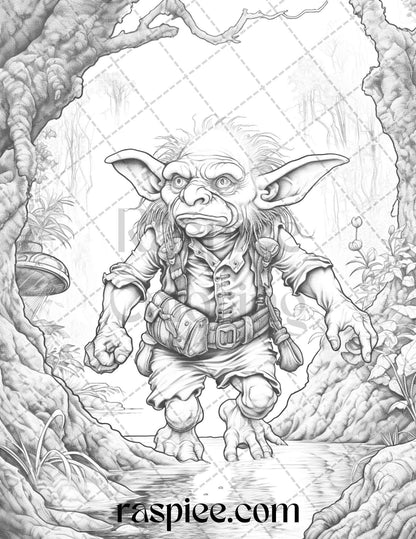 Fantasy Goblins Grayscale Coloring Pages Printable for Adults, PDF File Instant Download