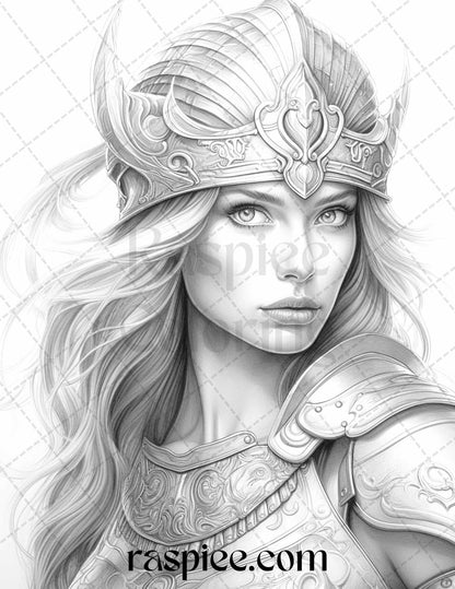 Greek Women Warriors Grayscale Coloring Pages for Adults, Printable PDF File Instant Download