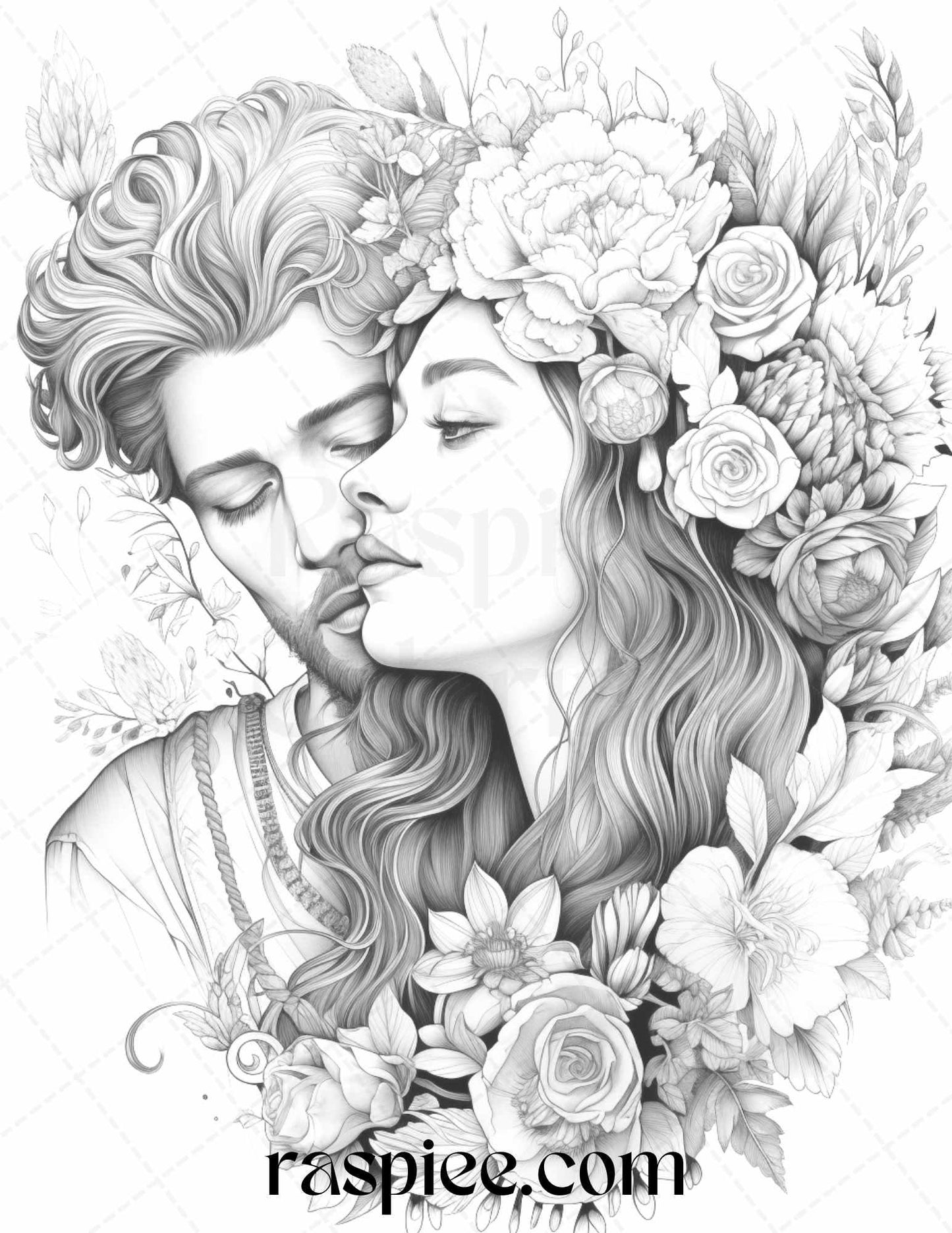 50 Romantic Couple Flowers Grayscale Coloring Pages Printable for Adults, PDF File Instant Download