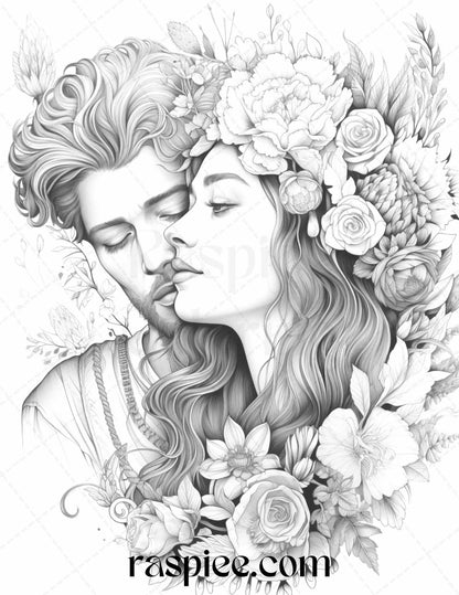 50 Romantic Couple Flowers Grayscale Coloring Pages Printable for Adults, PDF File Instant Download
