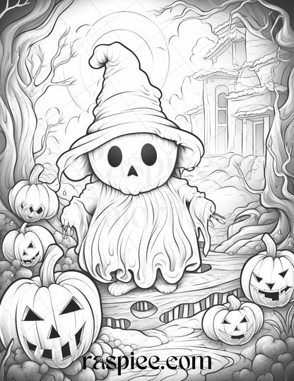 50 Halloween Cute Ghosts Grayscale Coloring Printable for Adults Kids, PDF File Instant Download