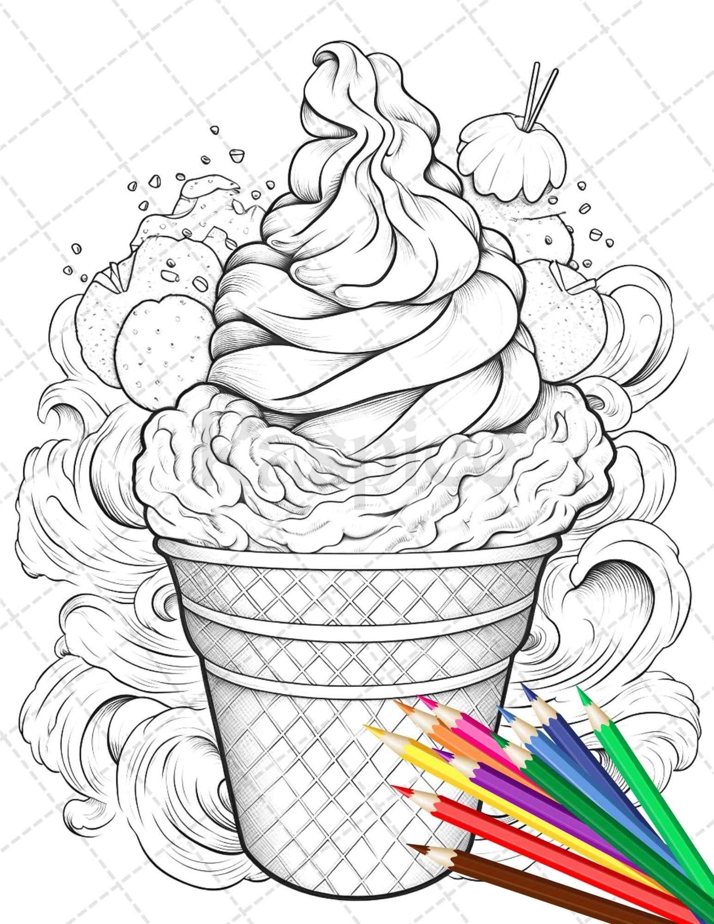 52 Printable Ice Cream Desserts Coloring Pages for Adults and Kids, Grayscale Coloring Page, PDF File Instant Download