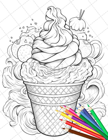 52 Printable Ice Cream Desserts Coloring Pages for Adults and Kids, Grayscale Coloring Page, PDF File Instant Download