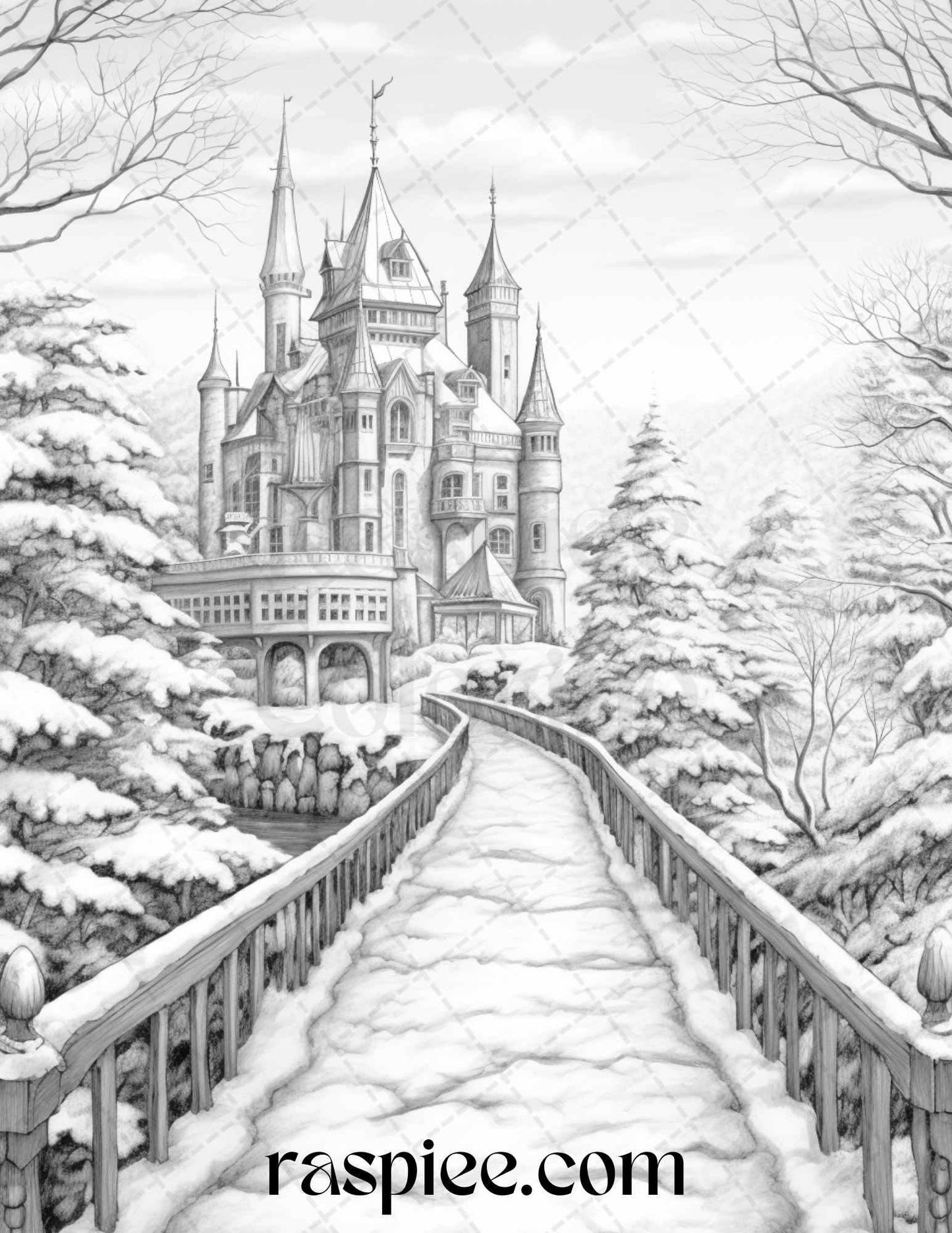 Winter Scenery Grayscale Coloring Pages Printable, Relaxing Snowy Landscapes, PDF File Instant Download