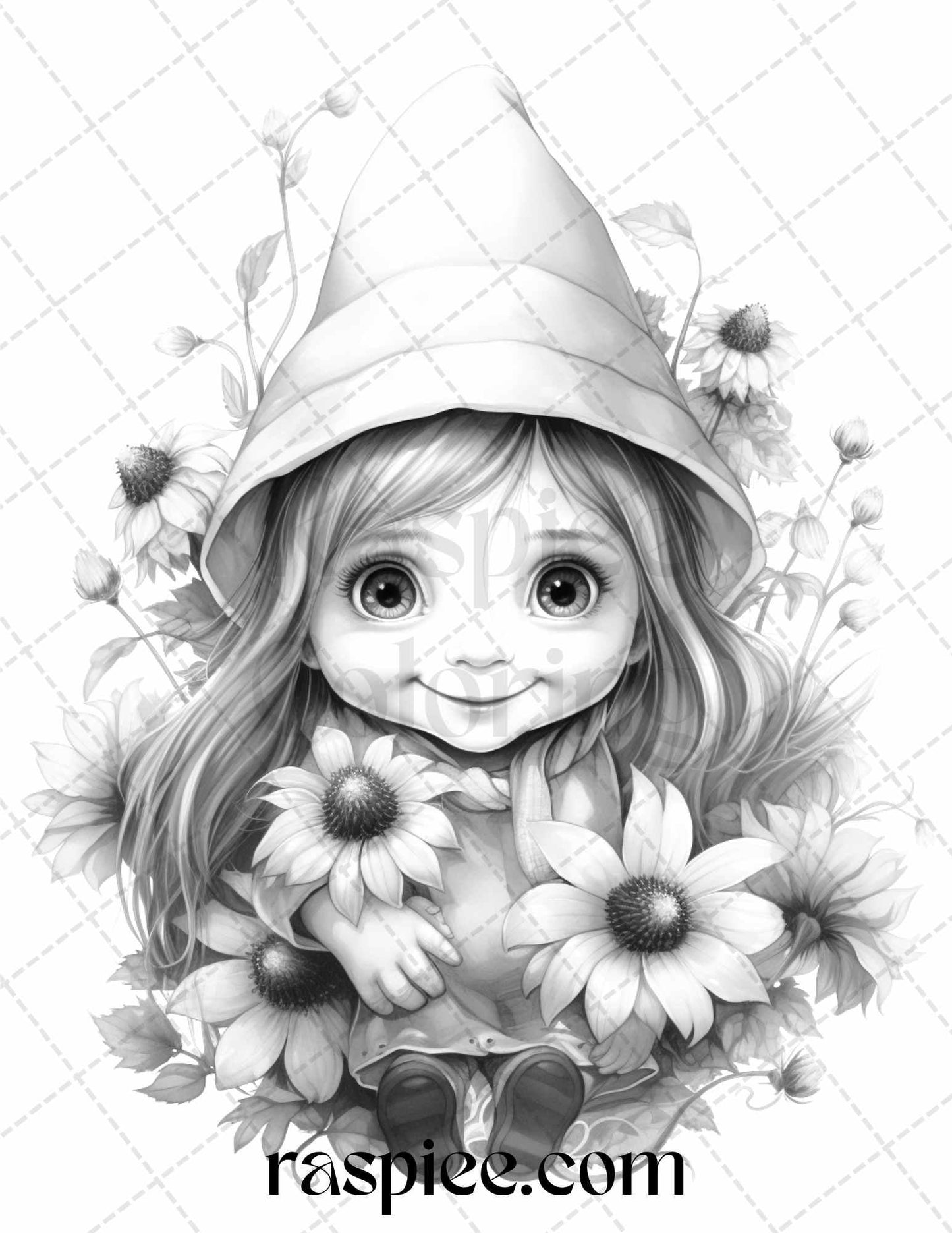 50 Flower Gnomes Grayscale Coloring Pages Printable for Adults Kids, PDF File Instant Download