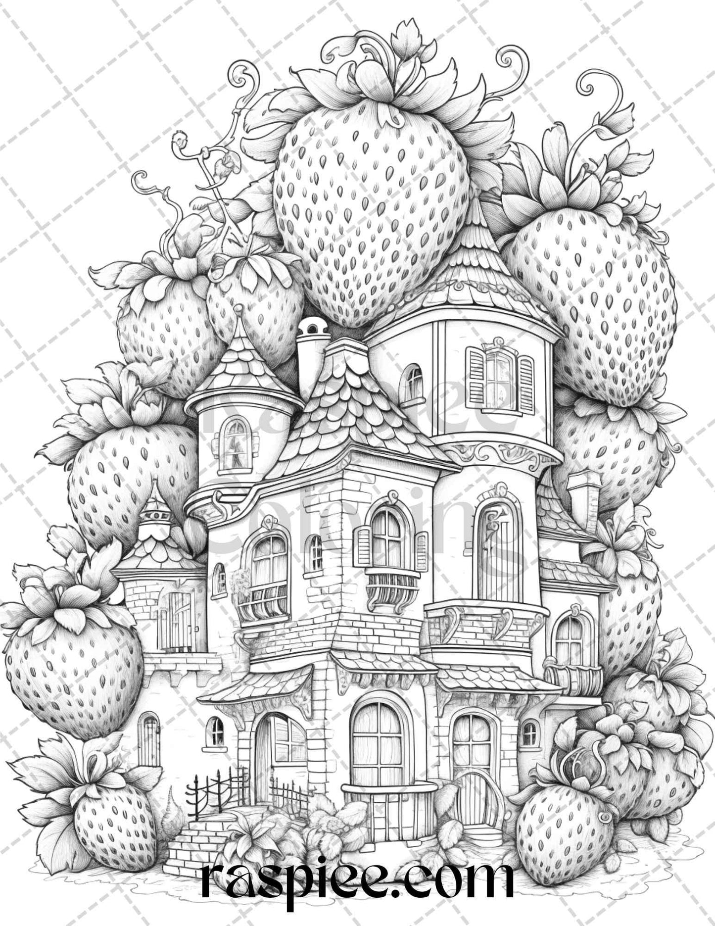 50 Strawberry Houses Grayscale Coloring Pages Printable for Adults Kids, PDF File Instant Download
