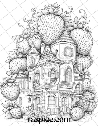 50 Strawberry Houses Grayscale Coloring Pages Printable for Adults Kids, PDF File Instant Download