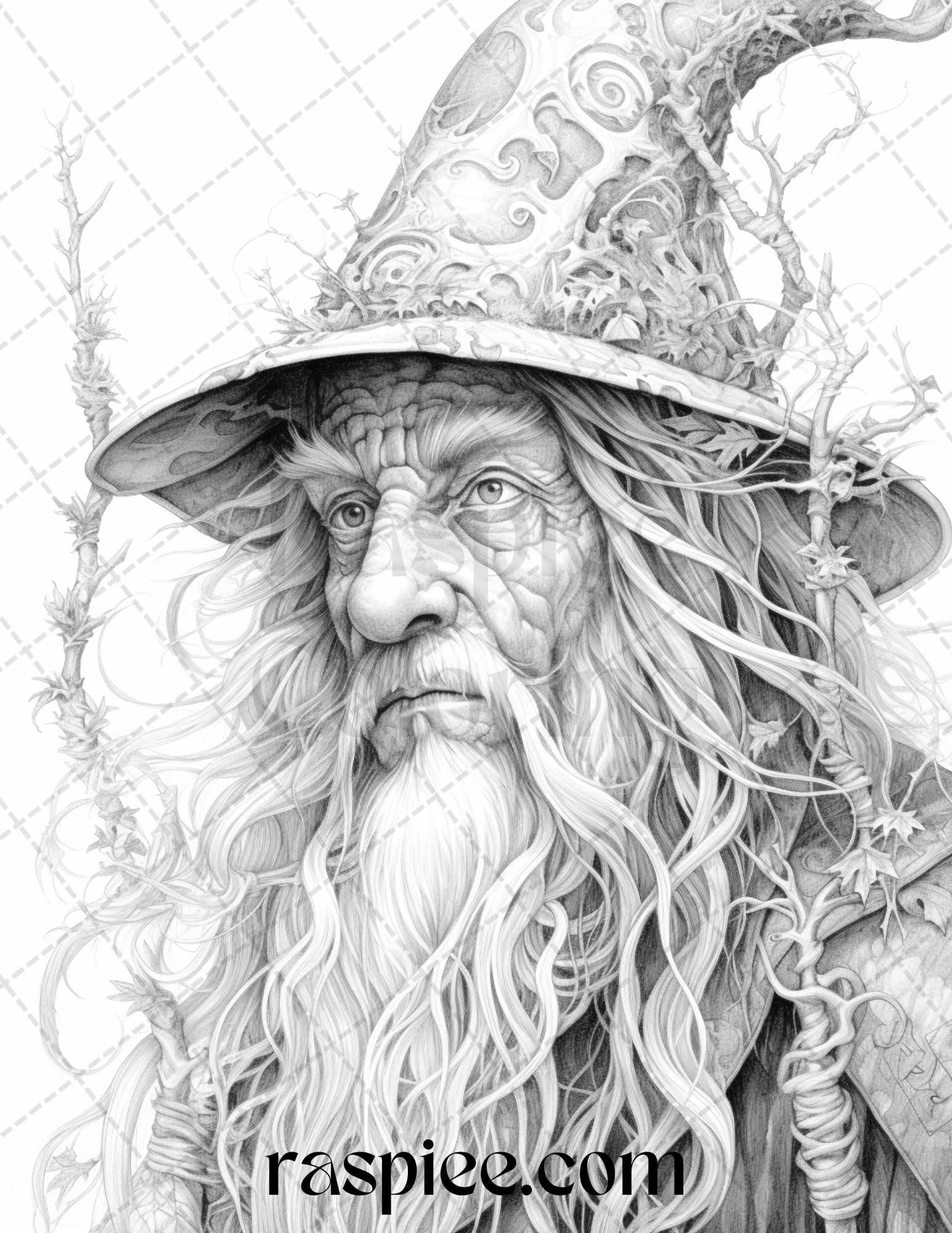 50 Magical Wizard Grayscale Coloring Pages for Adults, Printable PDF File Instant Download