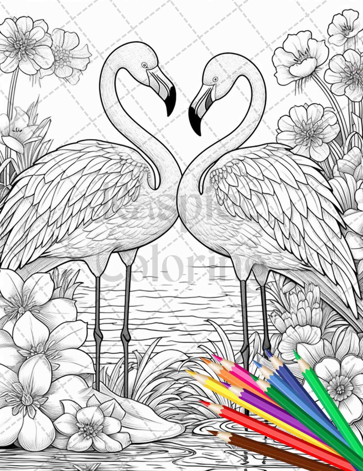 Flamingo Oasis Grayscale Coloring Pages Printable for Adults, PDF File Instant Download