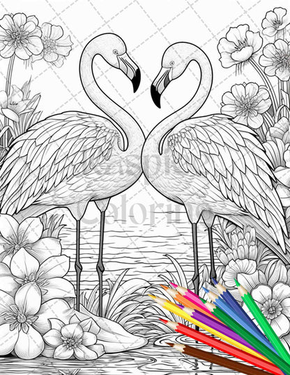Flamingo Oasis Grayscale Coloring Pages Printable for Adults, PDF File Instant Download