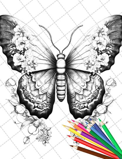 32 Beautiful Moths and Floral Coloring Book for Adults, Grayscale Coloring Page, Printable PDF Instant Download