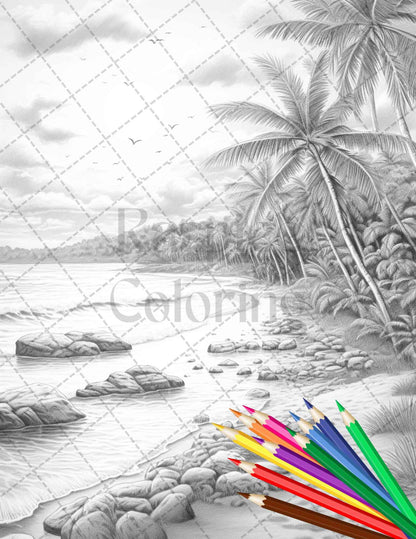 Beautiful Tropical Beach Grayscale Coloring Pages Printable for Adults, PDF File Instant Download