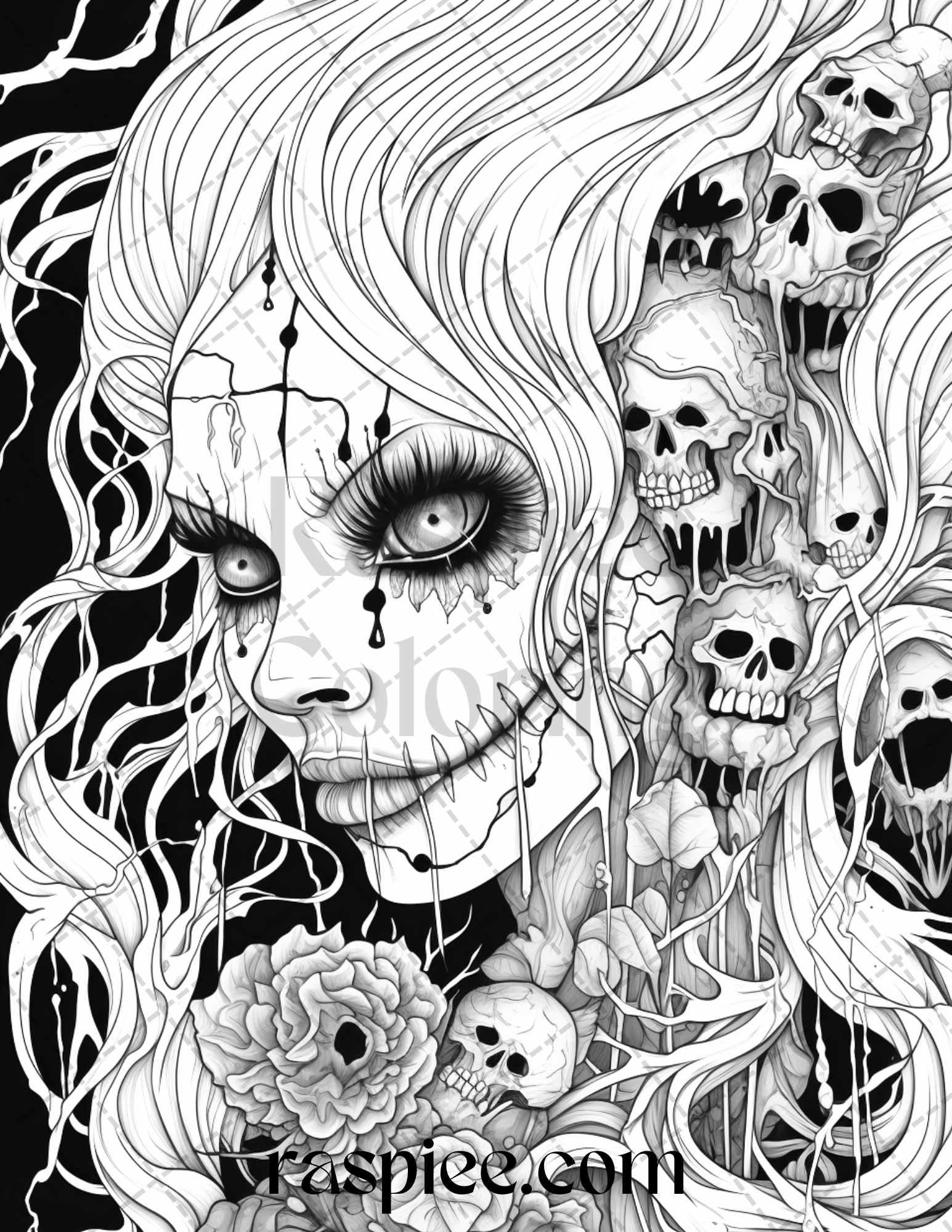 50 Spooky Miss Nightmare Grayscale Coloring Pages Printable for Adults, PDF File Instant Download
