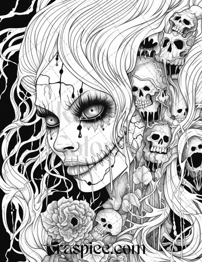 50 Spooky Miss Nightmare Grayscale Coloring Pages Printable for Adults, PDF File Instant Download