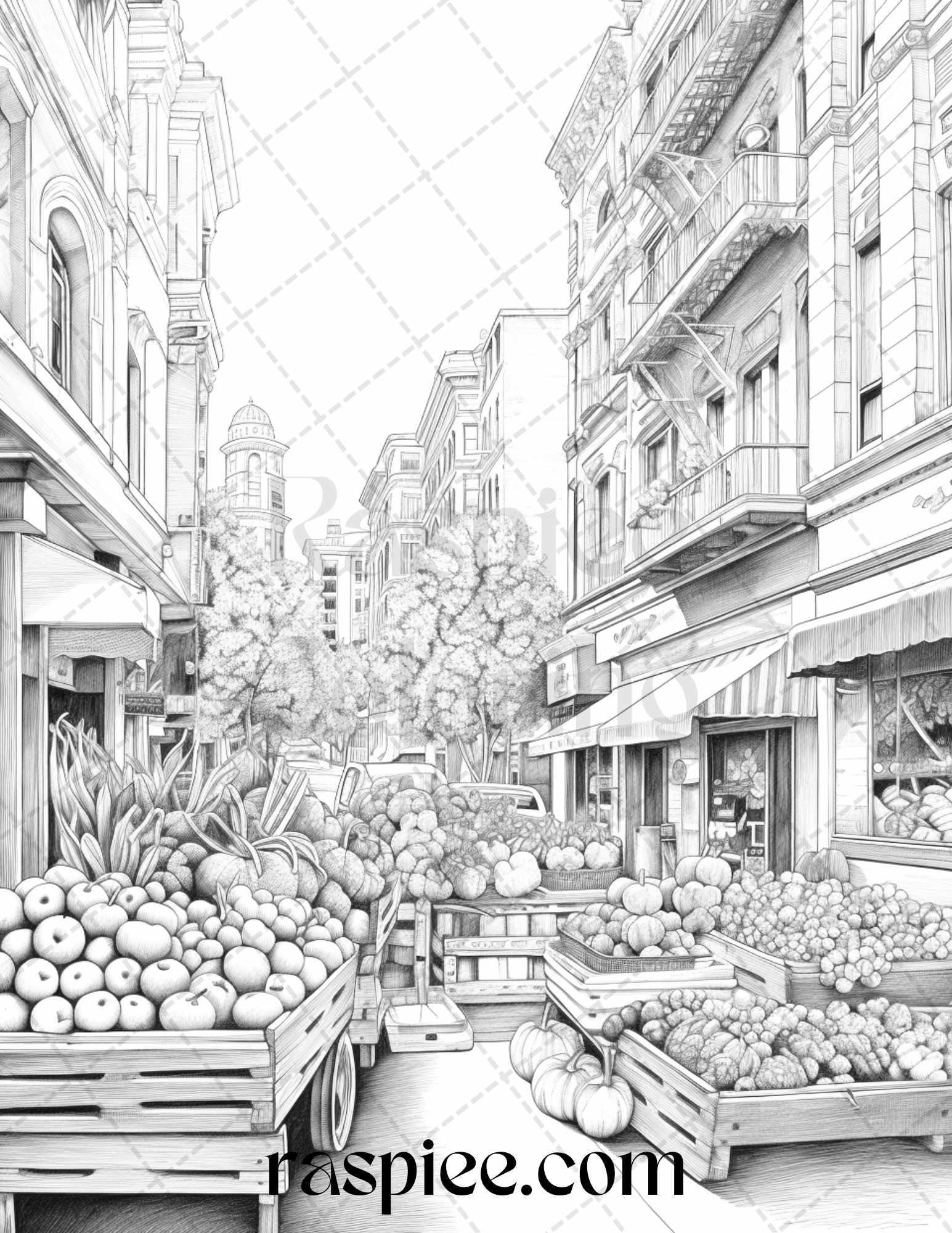 Autumn Street Markets Grayscale Coloring Pages for Adults, Printable PDF File Instant Download
