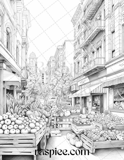 Autumn Street Markets Grayscale Coloring Pages for Adults, Printable PDF File Instant Download