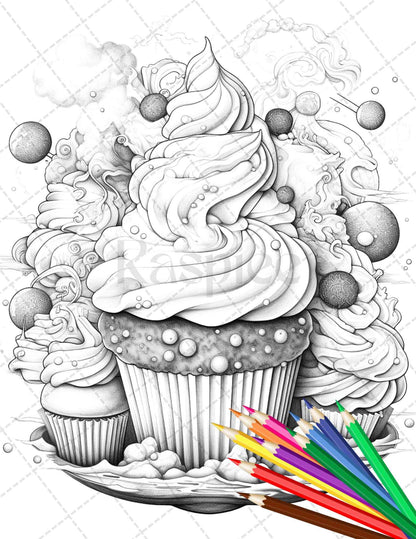 36 Sweet Desserts Coloring Pages Printable for Adults, Grayscale Coloring Page, PDF File Instant Download