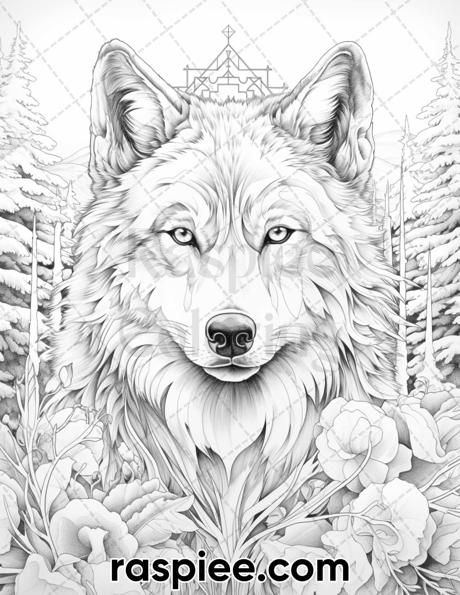 50 Winter Wolf Grayscale Coloring Pages for Adults, Printable PDF Instant Download