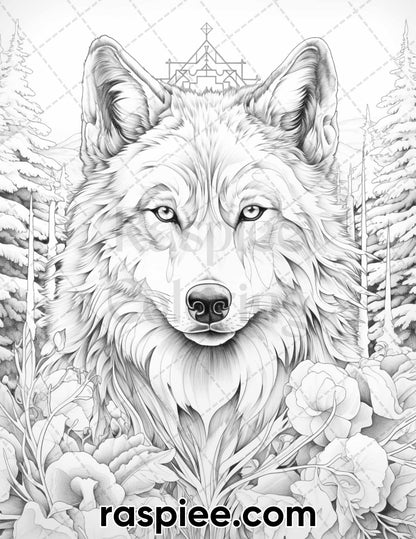 50 Winter Wolf Grayscale Coloring Pages for Adults, Printable PDF Instant Download