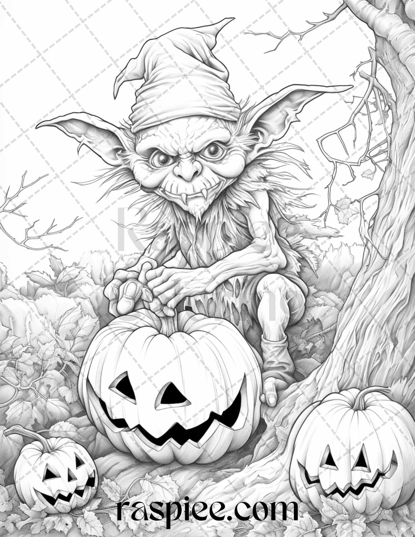 50 Halloween Goblin Grayscale Coloring Pages Printable for Adults, PDF File Instant Download