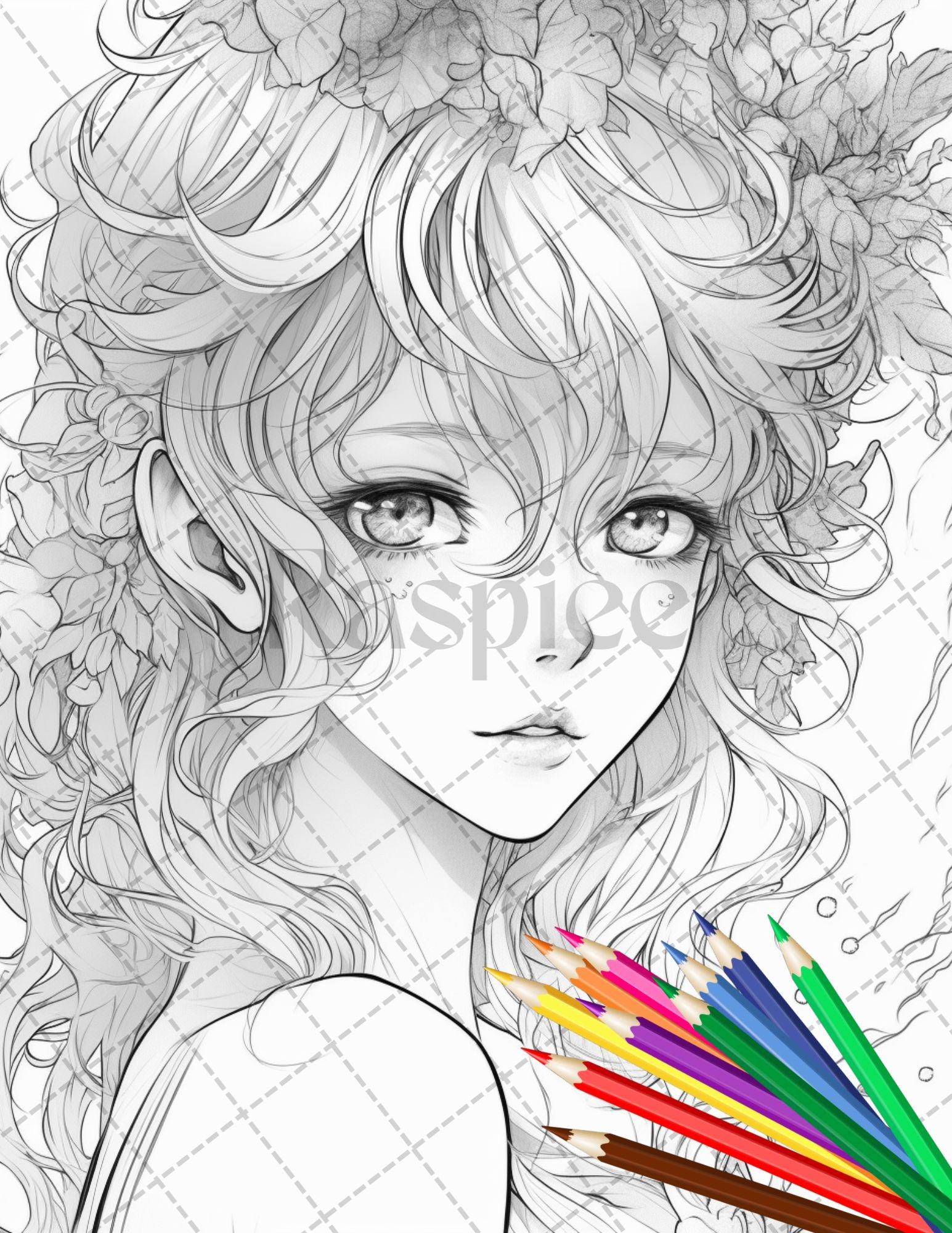 32 Anime Fairy Girl Printable Coloring Pages for Adults, Cute Fairy Grayscale Coloring Book, Printable PDF File Download