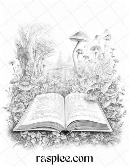 50 Magical Books Grayscale Coloring Pages Printable for Adults, PDF File Instant Download