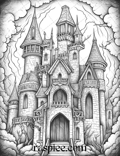 50 Haunted Castles Grayscale Coloring Pages Printable, Halloween Coloring Book, PDF File Instant Download