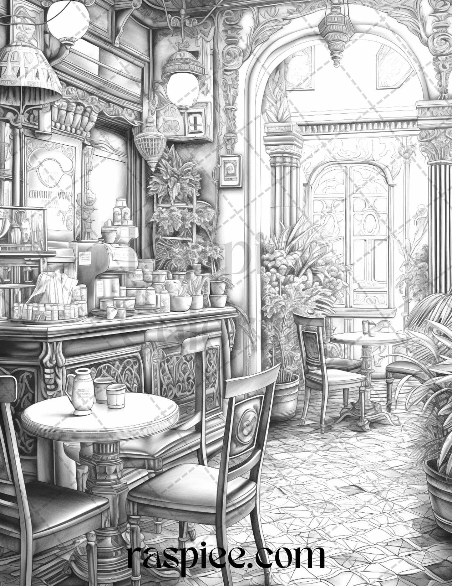 50 Cozy Coffee Shop Grayscale Coloring Pages Printable for Adults, PDF File Instant Download