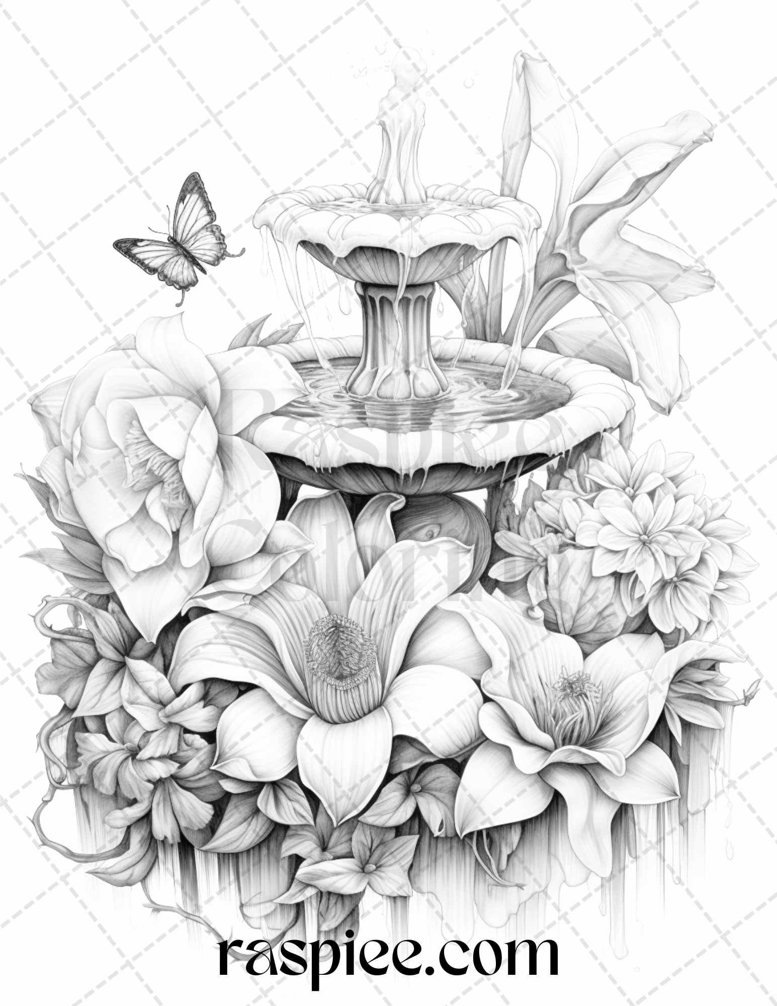 32 Blooming Fountains Grayscale Coloring Pages Printable for Adults, PDF File Instant Download