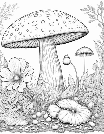 100 Mushroom Forest Coloring Pages Printable for Adults and Kids, Grayscale Coloring Book, Printable PDF File Instant Download