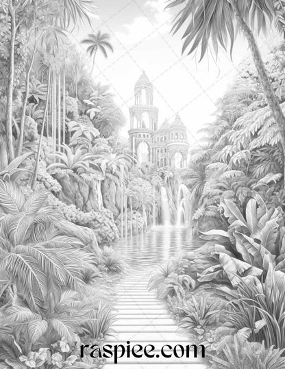 52 Tropical Oasis Grayscale Coloring Pages Printable for Adults, PDF File Instant Download