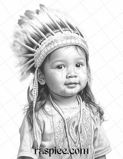 50 Native American Little Girls Boys Grayscale Coloring Pages Printable for Adults Kids, PDF File Instant Download