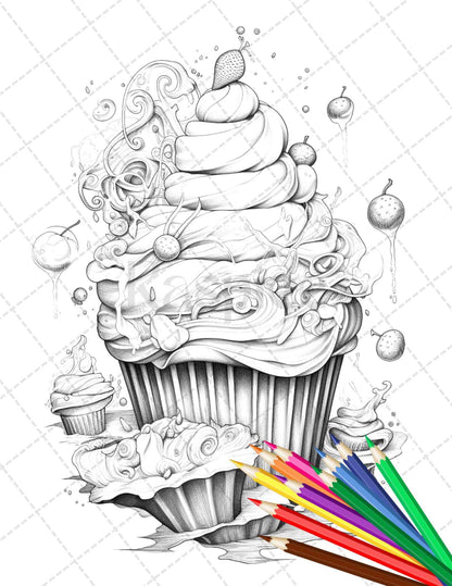 36 Sweet Desserts Coloring Pages Printable for Adults, Grayscale Coloring Page, PDF File Instant Download