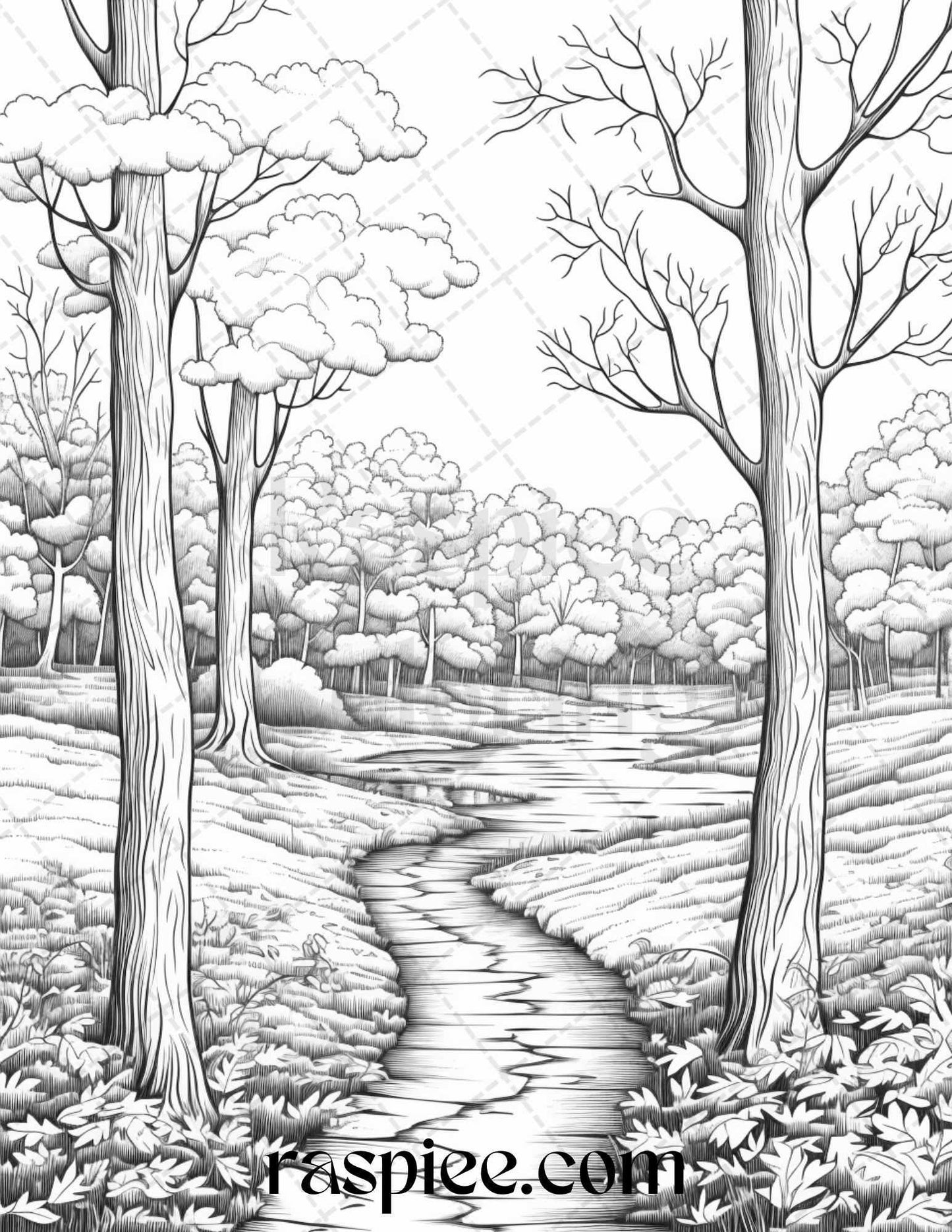 Autumn Scenery Grayscale Coloring Pages Printable for Adults, PDF File Instant Download