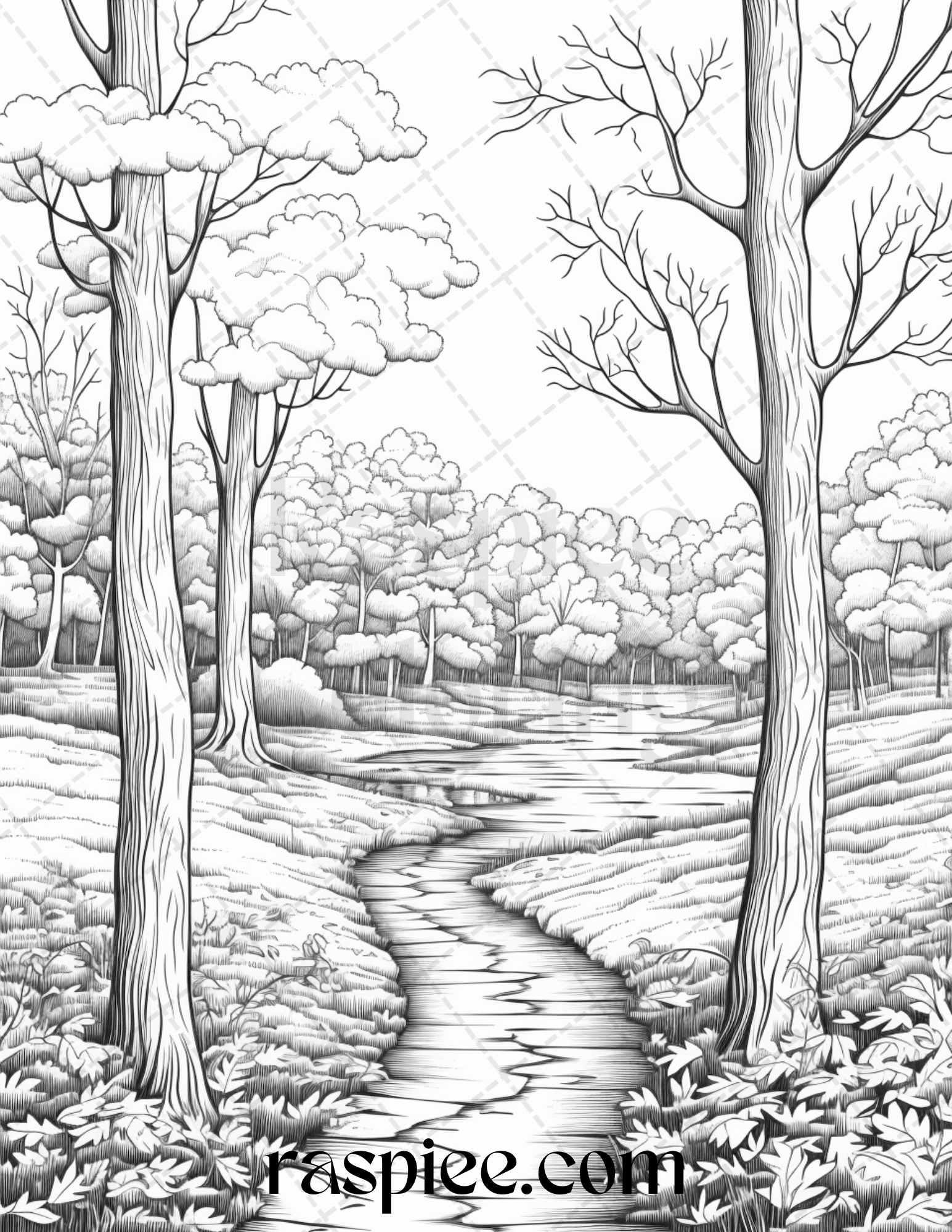 Autumn Scenery Grayscale Coloring Pages Printable for Adults, PDF File Instant Download