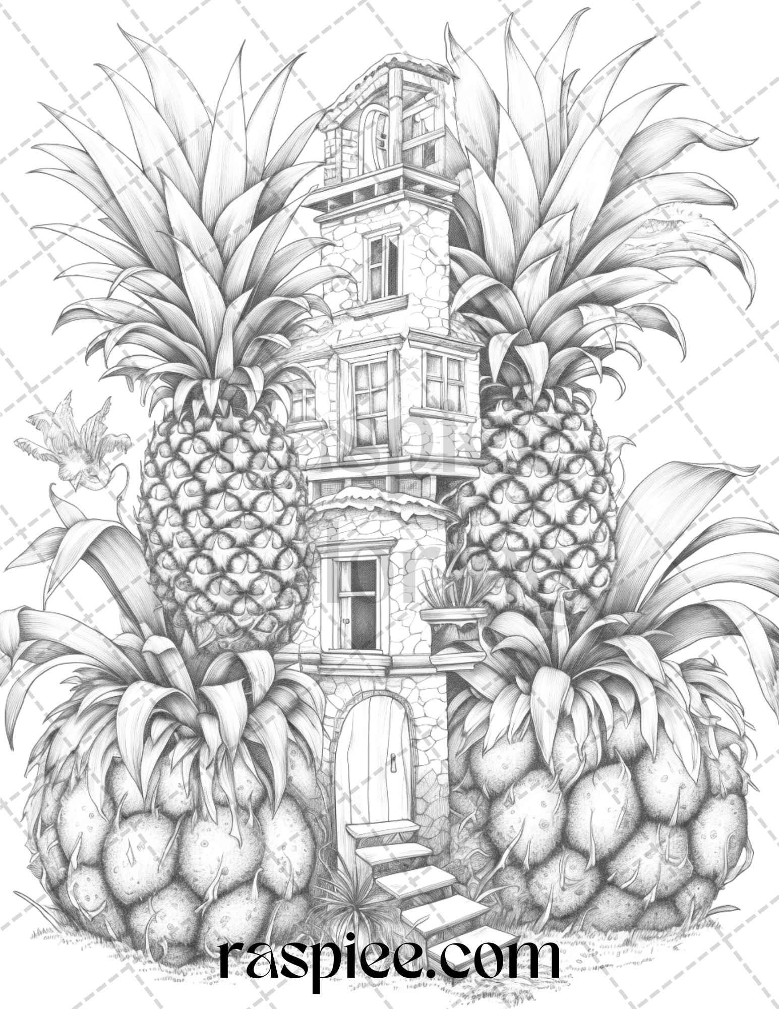 50 Pineapple Houses Grayscale Coloring Pages Printable for Adults, PDF File Instant Download