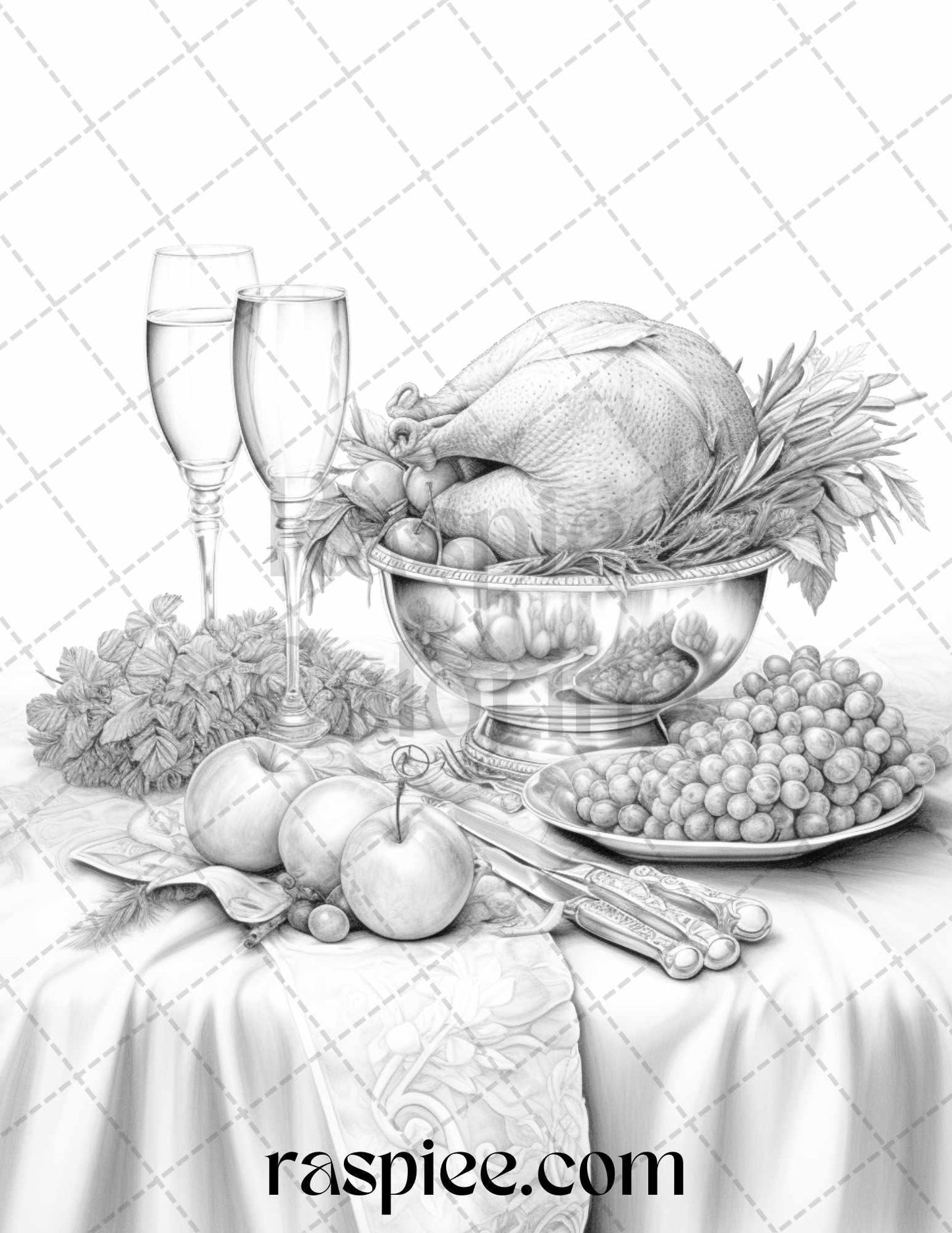 Thanksgiving Dinner Grayscale Coloring Pages for Adults, Relaxing Fall Coloring Sheets, Printable PDF File Instant Download