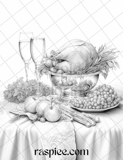Thanksgiving Dinner Grayscale Coloring Pages for Adults, Relaxing Fall Coloring Sheets, Printable PDF File Instant Download