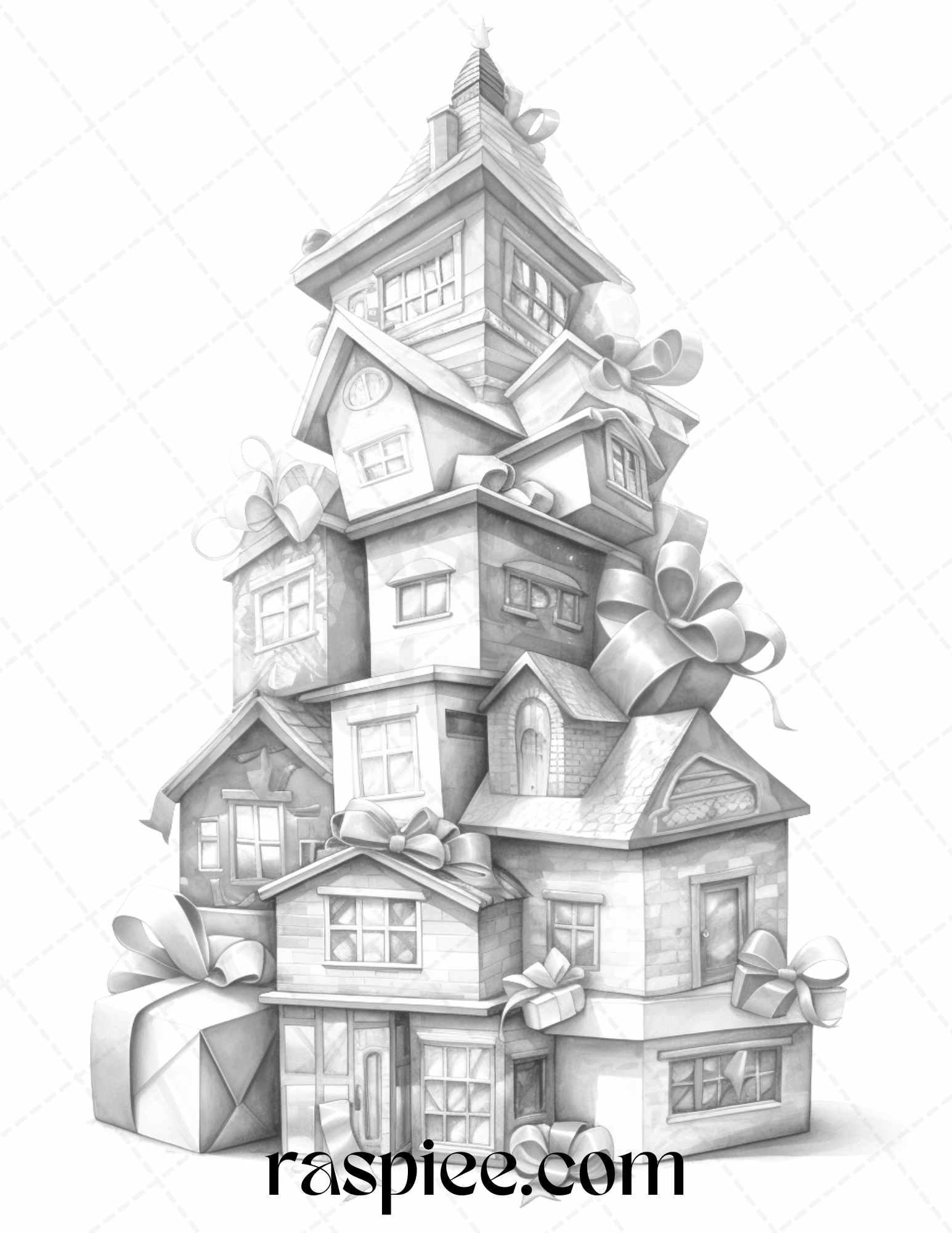 40 Adorable Gift Box Houses Grayscale Coloring Pages Printable for Adults Kids, PDF File Instant Download