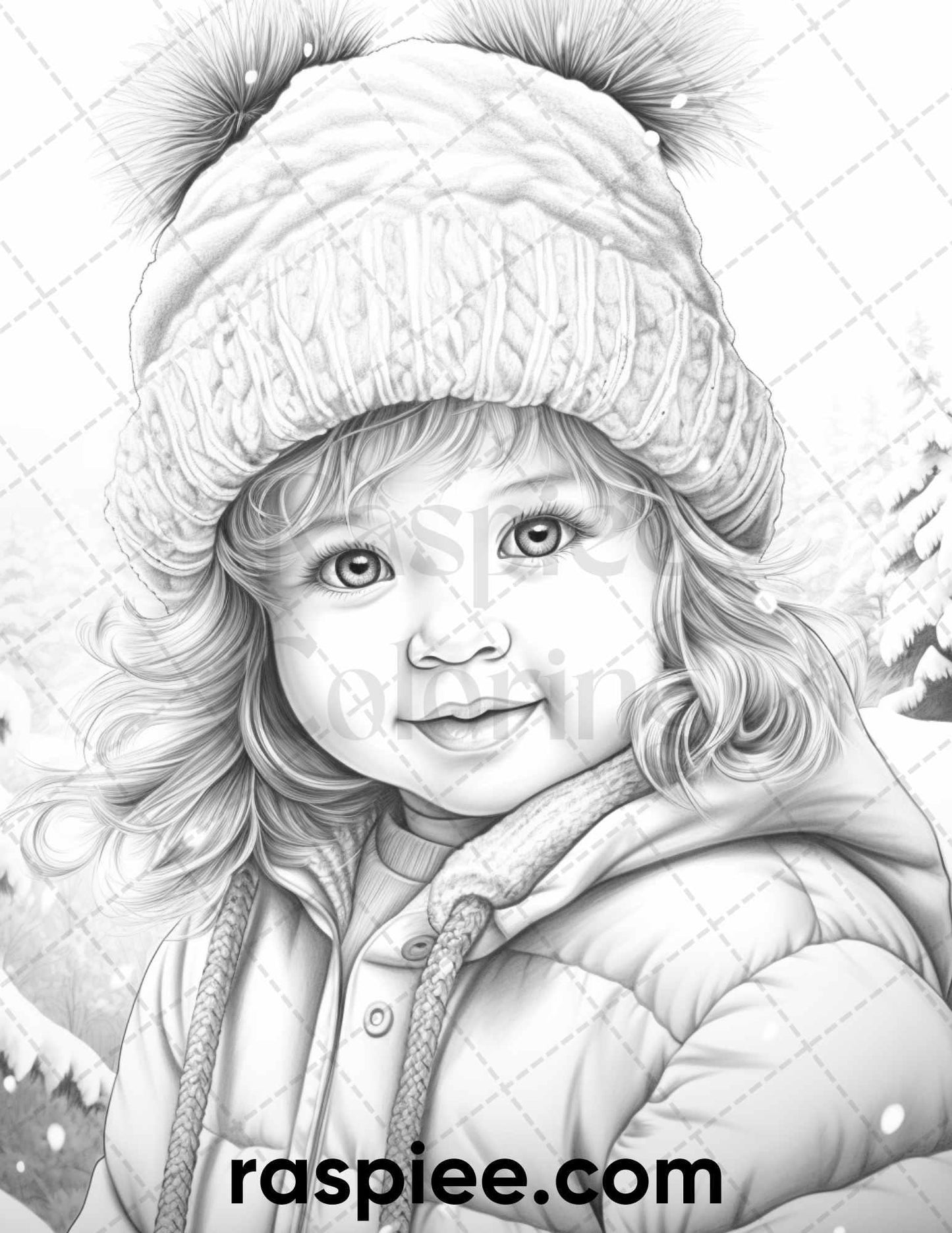 50 Baby Winter Portrait Grayscale Coloring Pages Printable for Adults, PDF File Instant Download