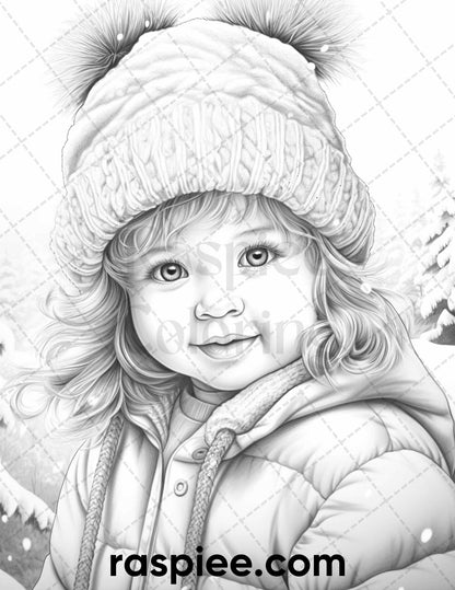 50 Baby Winter Portrait Grayscale Coloring Pages Printable for Adults, PDF File Instant Download