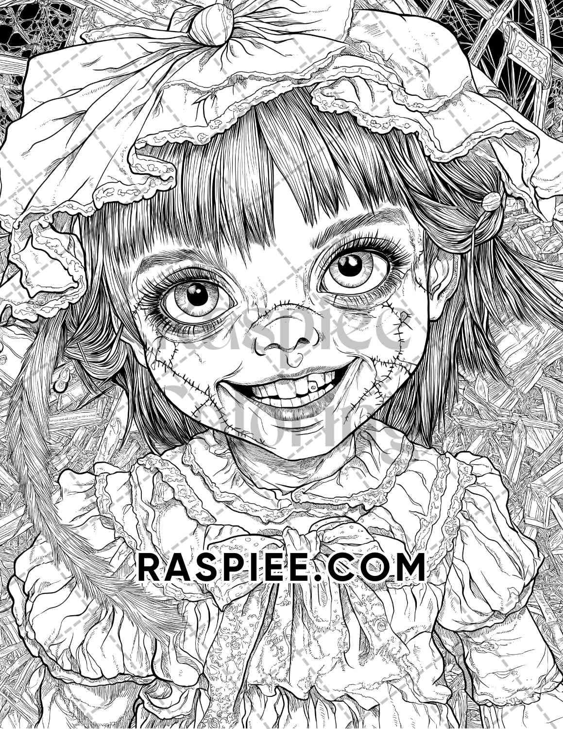 Haunted Dolls Halloween Horror Adult Coloring Pages Printable PDF Instant Download