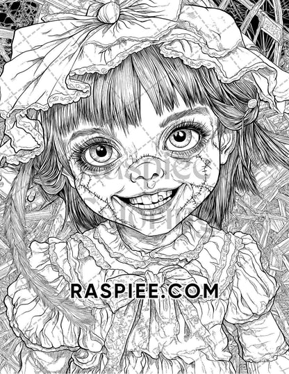 Haunted Dolls Halloween Horror Adult Coloring Pages Printable PDF Instant Download