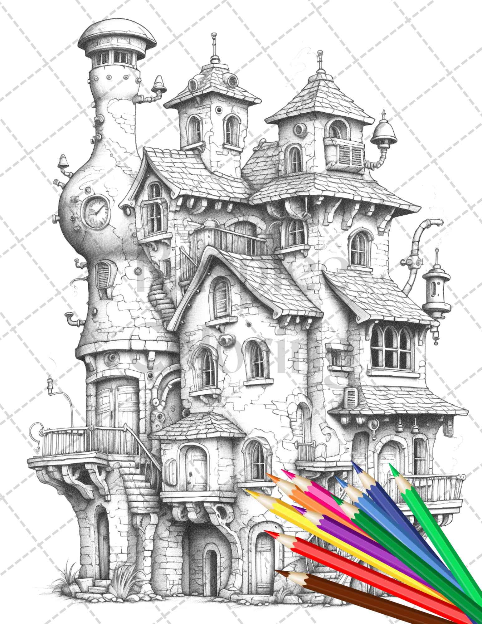 50 Steampunk Houses Grayscale Coloring Pages Printable for Adults, PDF File Instant Download